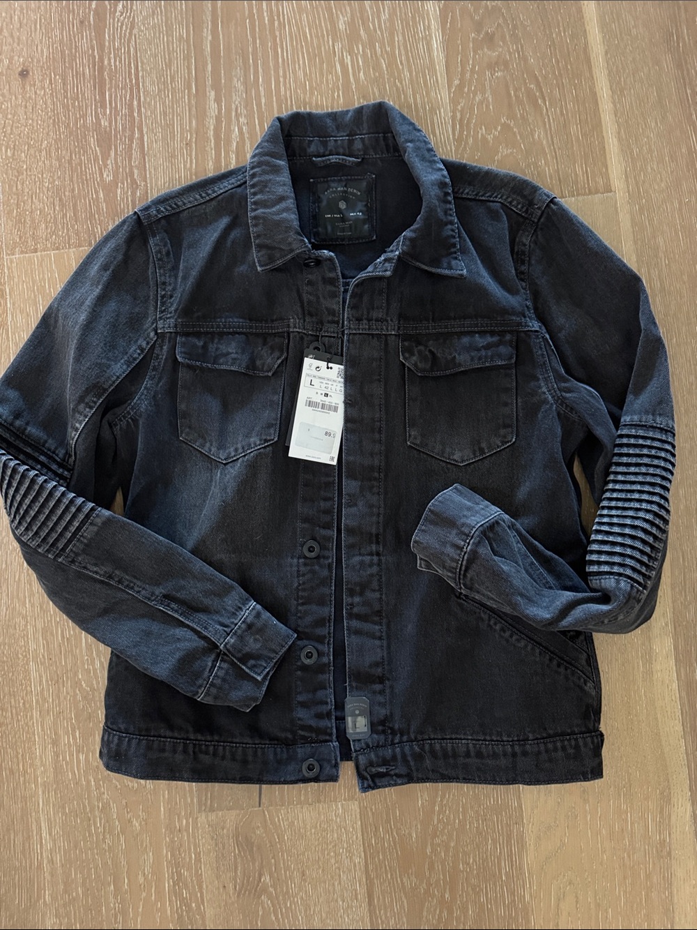 NWT Zara Man Denim Moto Jacket Mens L Black Wash Elbow panels Jean jacket Biker